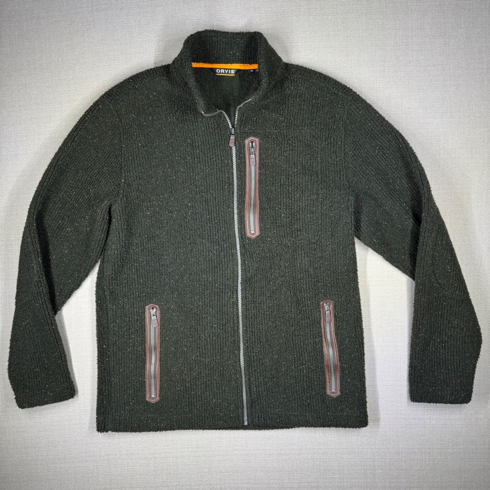 Orvis Mens Bristol Fleece Sweater Jacket Full Zip Ribbed Knit Green Size Medium